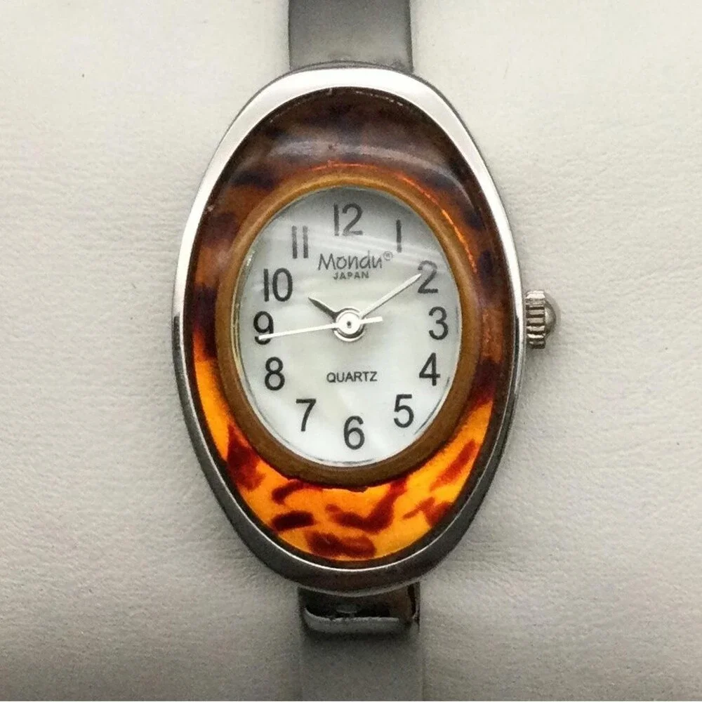 Mondu Womens Watch 20mm Silver Tone MOP Dial Hinged Bangle New Battery